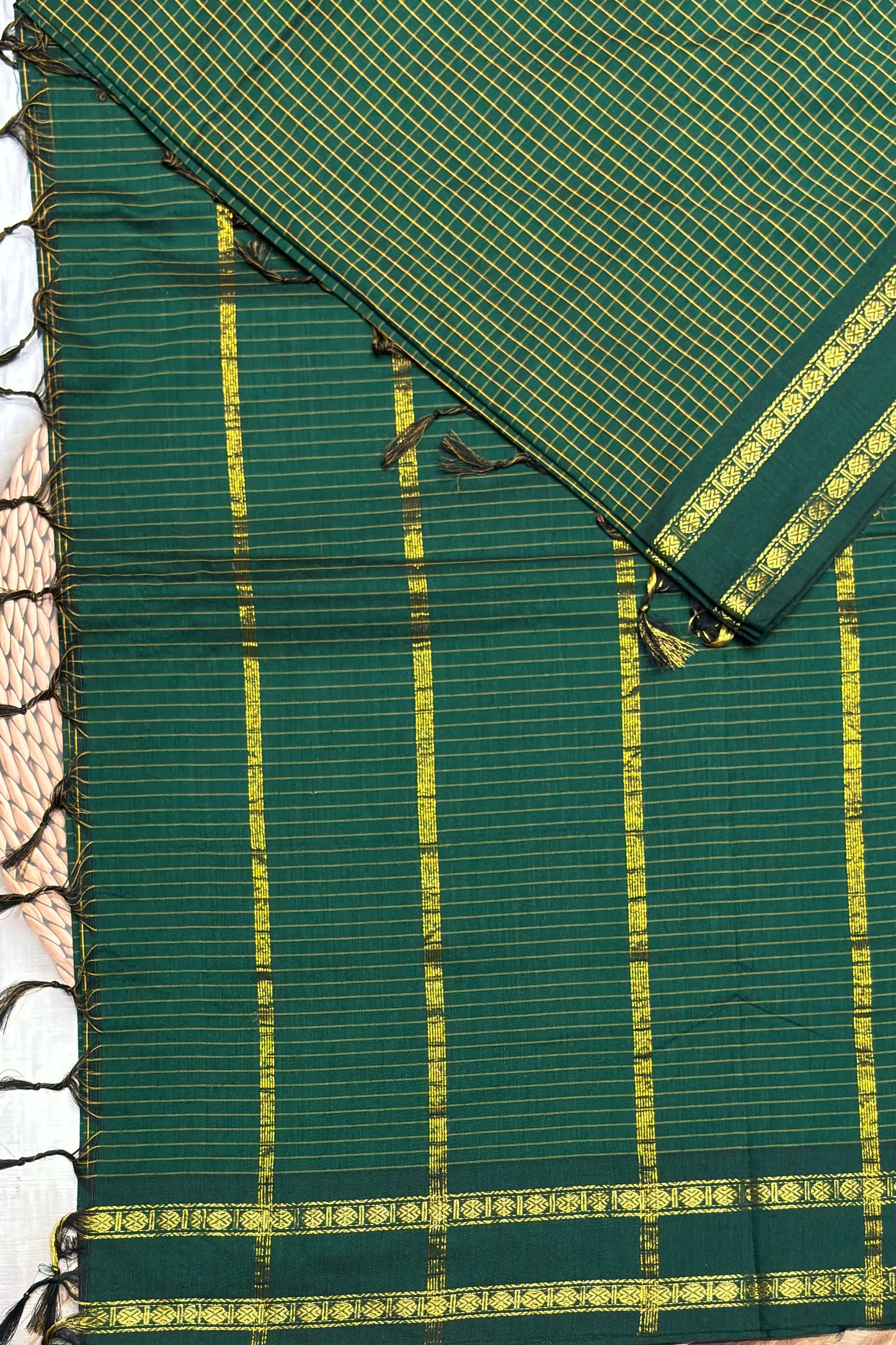 Premium Gadwal Cotton Saree – Vintage  Checks With Rettapet Border | B Green | MGC03