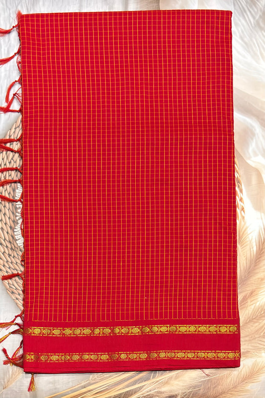 Premium Gadwal Cotton Saree – Vintage  Checks With Rettapet Border | Chilli Red | MGC04