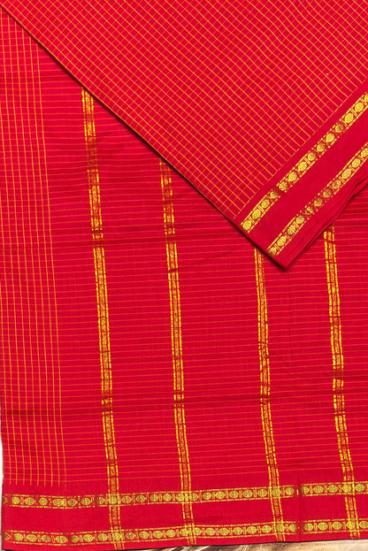 Premium Gadwal Cotton Saree – Vintage  Checks With Rettapet Border | Chilli Red | MGC04