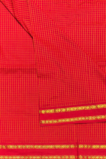 Premium Gadwal Cotton Saree – Vintage  Checks With Rettapet Border | Chilli Red | MGC04
