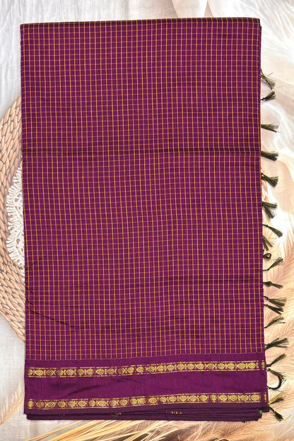 Premium Gadwal Cotton Saree – Vintage  Checks With Rettapet Border | Wine| MGC10