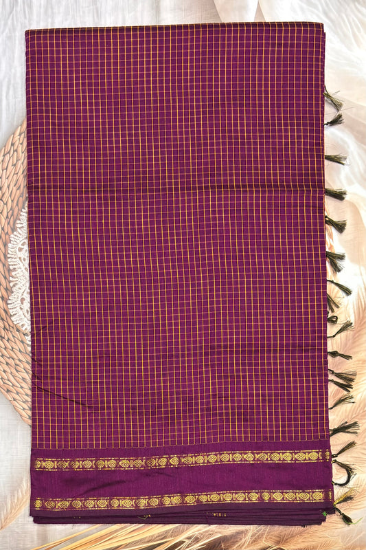 Premium Gadwal Cotton Saree – Vintage  Checks With Rettapet Border | Wine| MGC10