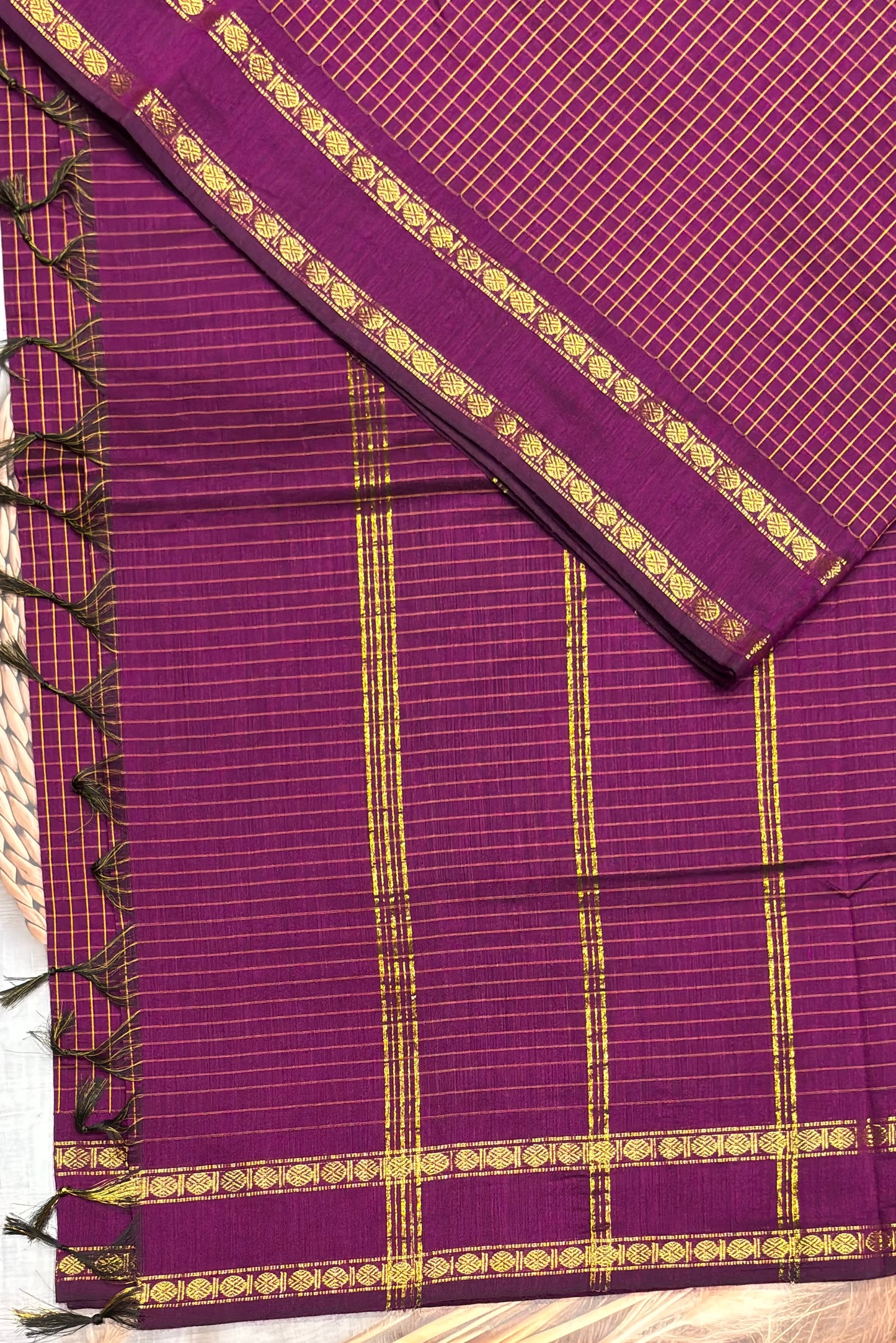 Premium Gadwal Cotton Saree – Vintage  Checks With Rettapet Border | Wine| MGC10