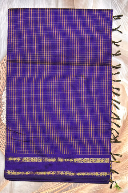Premium Gadwal Cotton Saree – Vintage  Checks With Rettapet Border | Violet  | MGC12