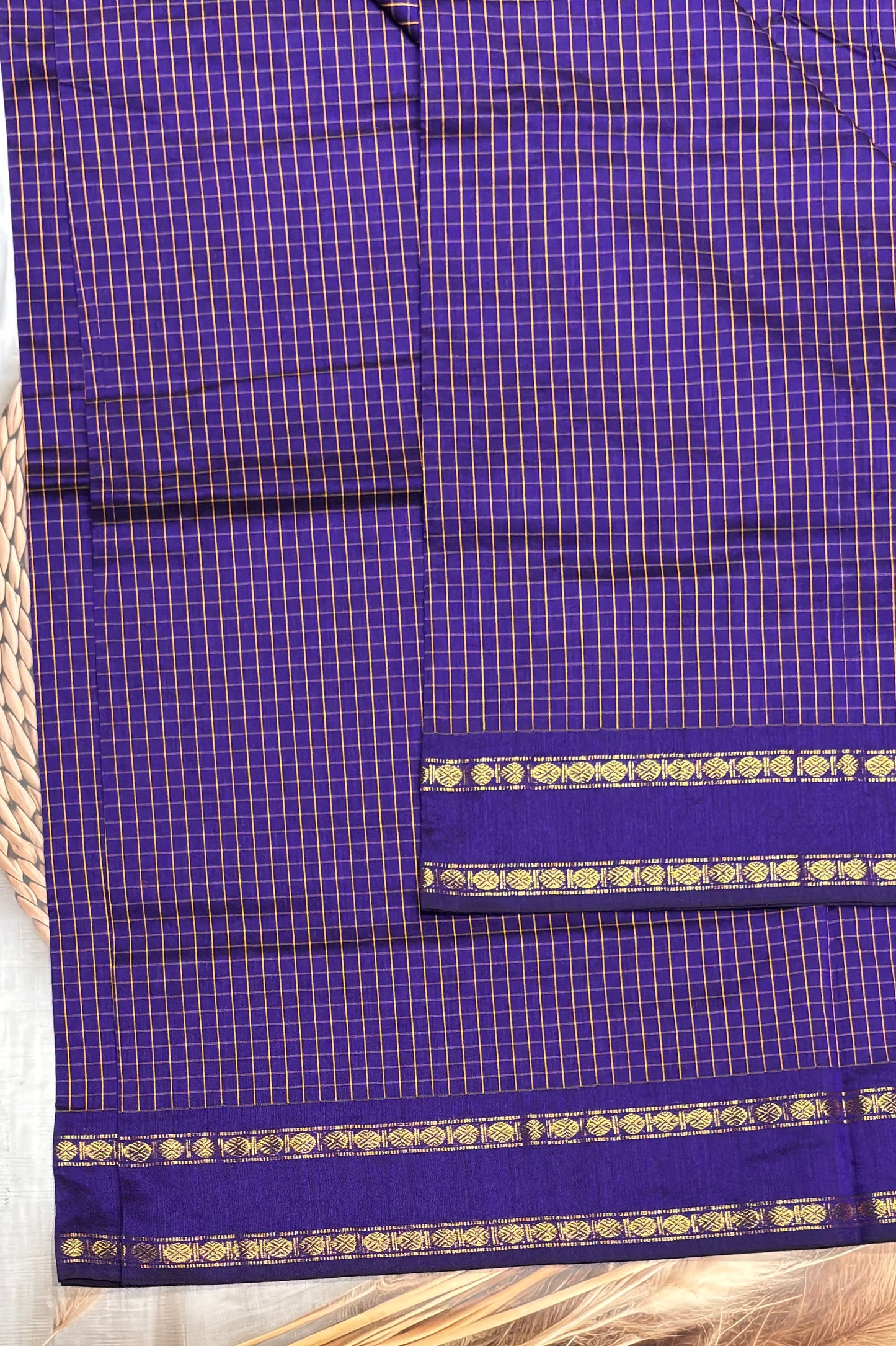 Premium Gadwal Cotton Saree – Vintage  Checks With Rettapet Border | Violet  | MGC12