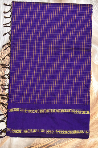 Premium Gadwal Cotton Saree – Vintage  Checks With Rettapet Border  | Violet  | MGC13