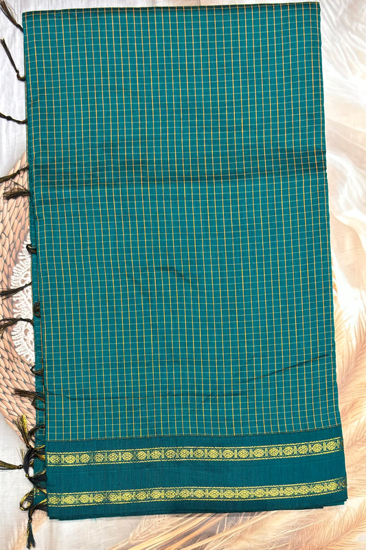 Premium Gadwal Cotton Saree – Vintage  Checks With Rettapet Border  | Peacock Green | MGC15