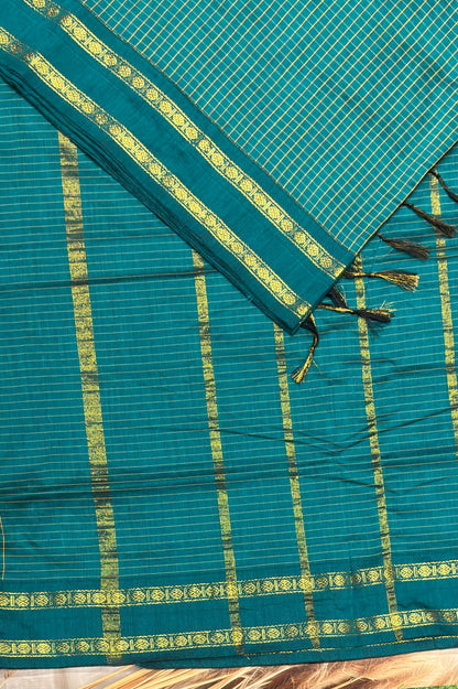 Premium Gadwal Cotton Saree – Vintage  Checks With Rettapet Border  | Peacock Green | MGC15