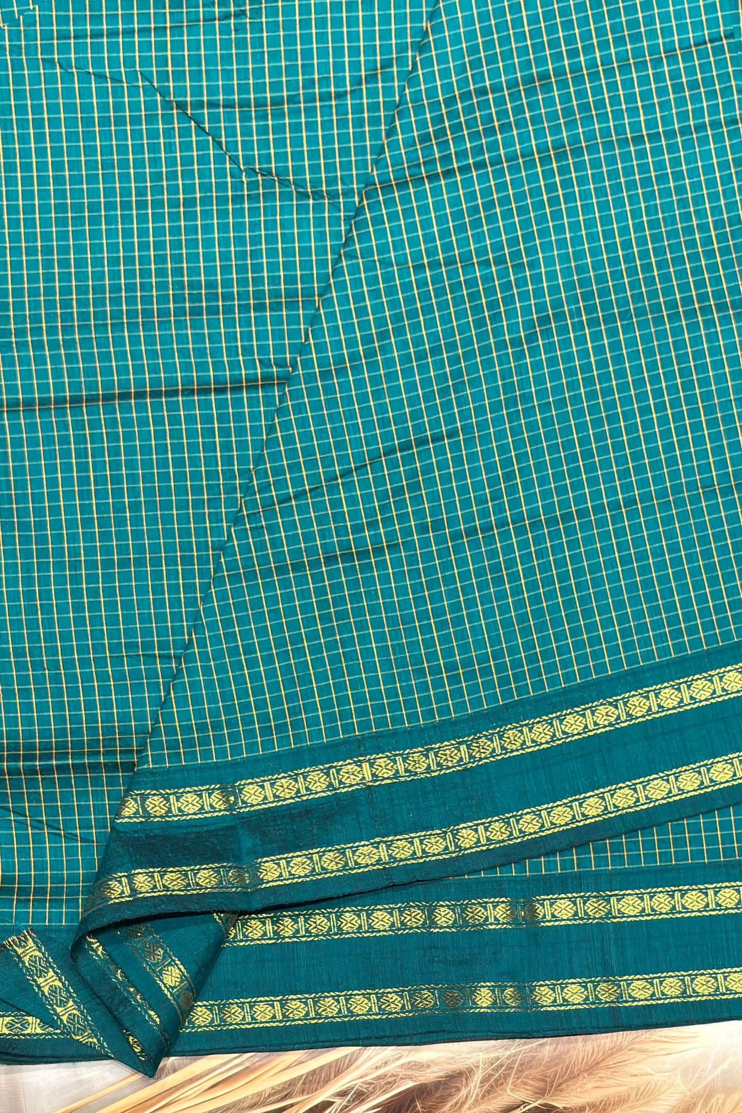 Premium Gadwal Cotton Saree – Vintage  Checks With Rettapet Border  | Peacock Green | MGC15