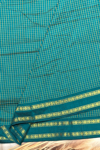 Premium Gadwal Cotton Saree – Vintage  Checks With Rettapet Border  | Peacock Green | MGC15