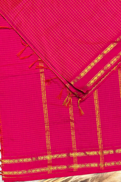 Premium Gadwal Cotton Saree – Vintage  Checks With Rettapet Border  | Rani Pink  | MGC14