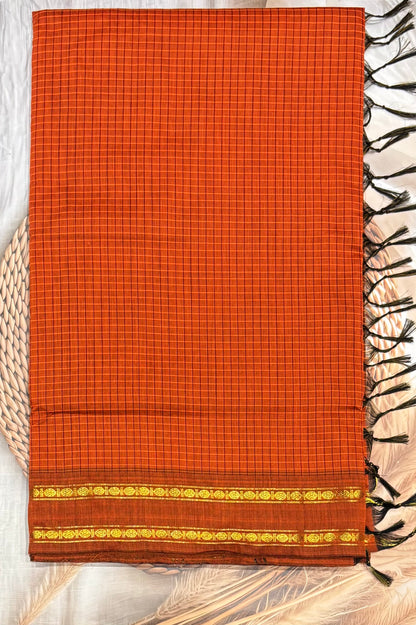 Premium Gadwal Cotton Saree – Vintage  Checks With Rettapet Border  | Rust Orange  | MGC16