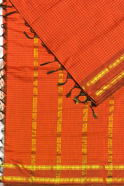 Premium Gadwal Cotton Saree – Vintage  Checks With Rettapet Border  | Rust Orange  | MGC16