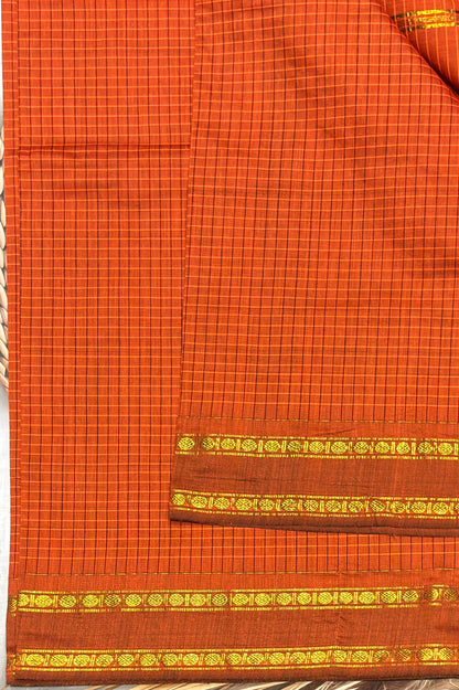 Premium Gadwal Cotton Saree – Vintage  Checks With Rettapet Border  | Rust Orange  | MGC16