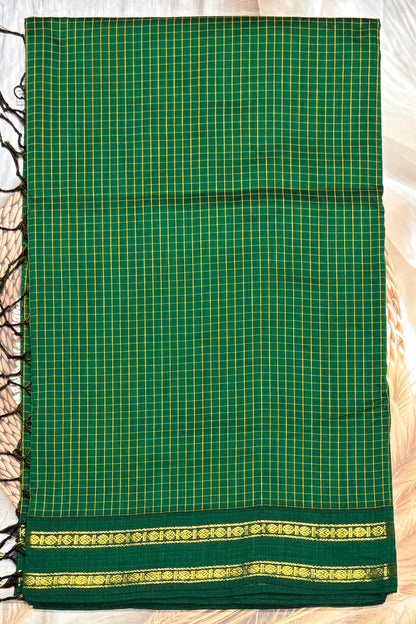 Premium Gadwal Cotton Saree – Vintage  Checks With Rettapet Border  | Meenakshi  Green | MGC19