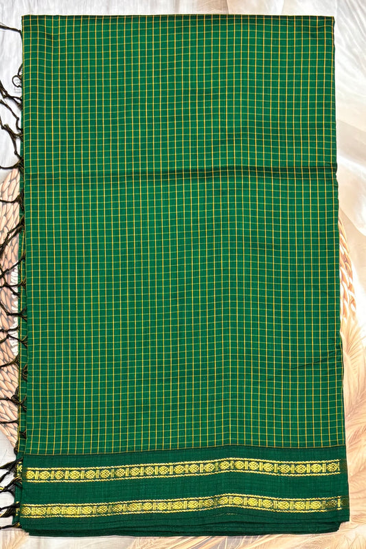 Premium Gadwal Cotton Saree – Vintage  Checks With Rettapet Border  | Meenakshi  Green | MGC19