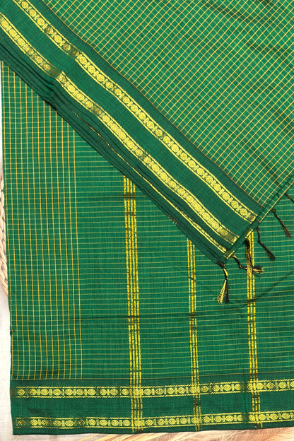 Premium Gadwal Cotton Saree – Vintage  Checks With Rettapet Border  | Meenakshi  Green | MGC19