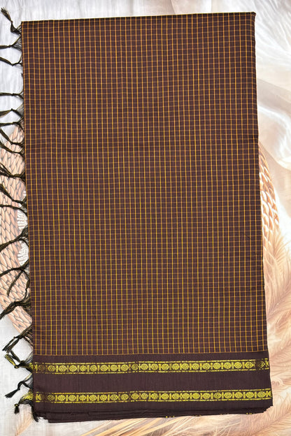 Premium Gadwal Cotton Saree – Vintage  Checks With Rettapet Border  | Coffee  | MGC18