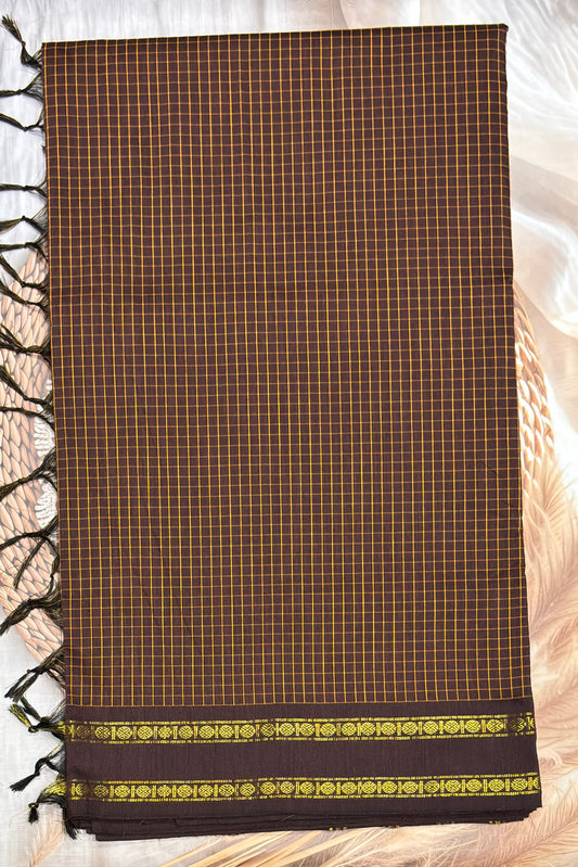 Premium Gadwal Cotton Saree – Vintage  Checks With Rettapet Border  | Coffee  | MGC18