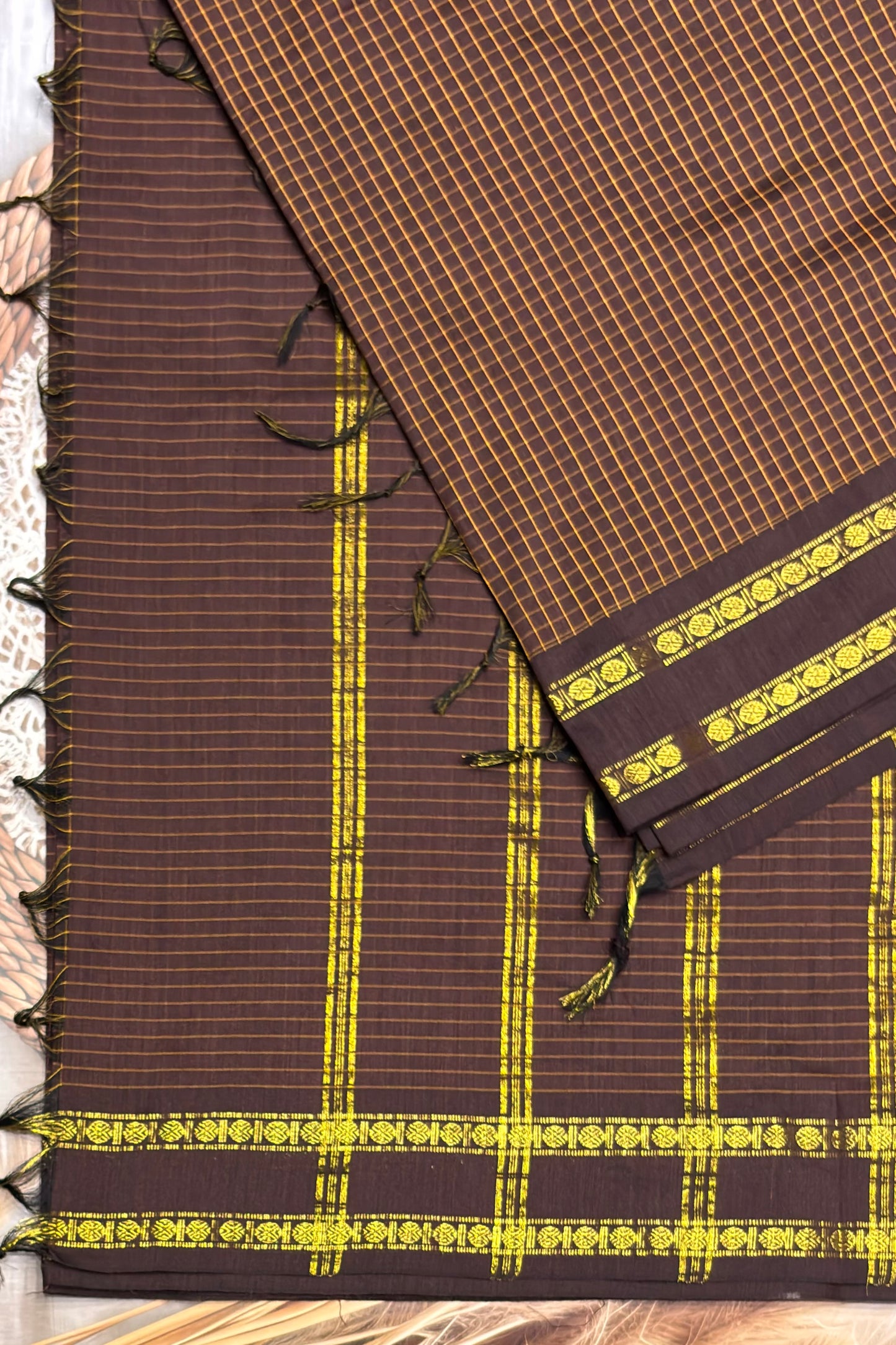 Premium Gadwal Cotton Saree – Vintage  Checks With Rettapet Border  | Coffee  | MGC18