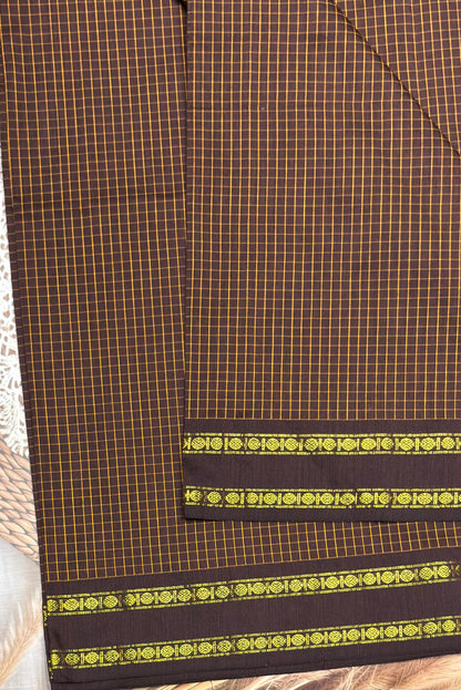 Premium Gadwal Cotton Saree – Vintage  Checks With Rettapet Border  | Coffee  | MGC18