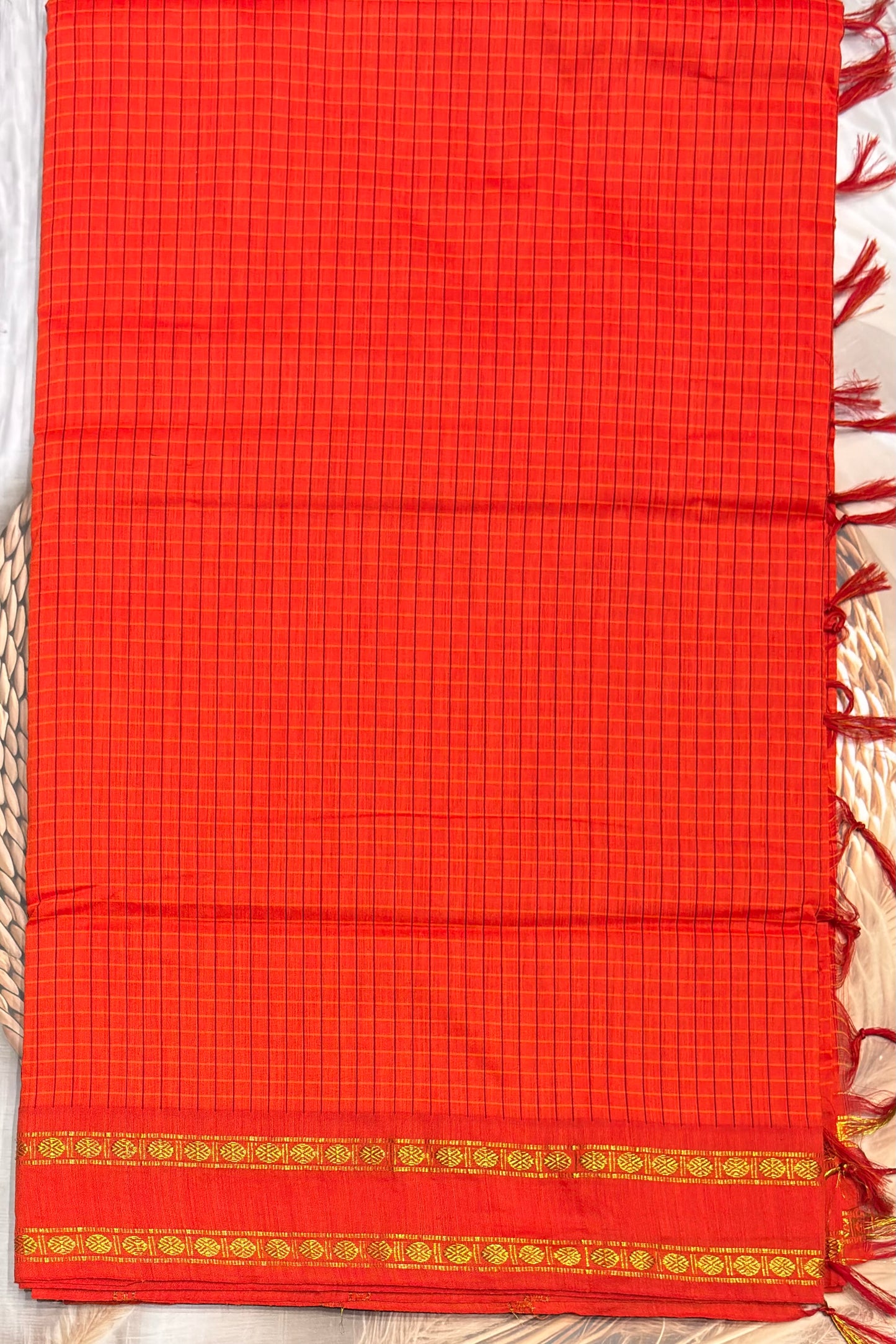 Premium Gadwal Cotton Saree – Vintage  Checks With Rettapet Border  | Orange  | MGC17