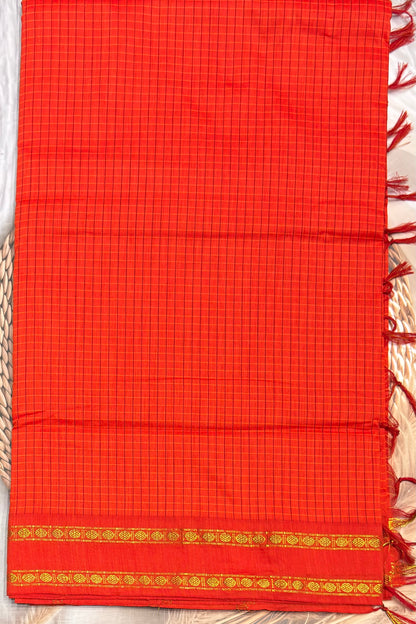 Premium Gadwal Cotton Saree – Vintage  Checks With Rettapet Border  | Orange  | MGC17