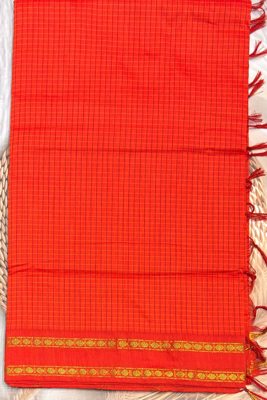 Premium Gadwal Cotton Saree – Vintage  Checks With Rettapet Border  | Orange  | MGC17