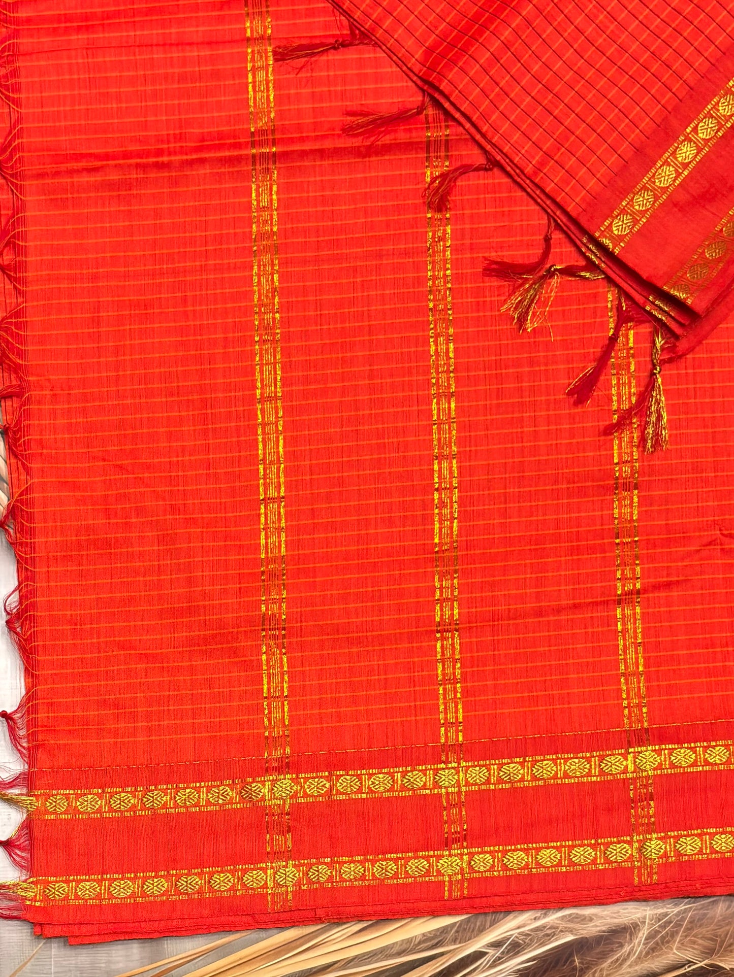Premium Gadwal Cotton Saree – Vintage  Checks With Rettapet Border  | Orange  | MGC17