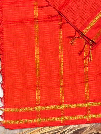 Premium Gadwal Cotton Saree – Vintage  Checks With Rettapet Border  | Orange  | MGC17