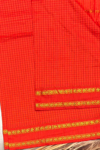 Premium Gadwal Cotton Saree – Vintage  Checks With Rettapet Border  | Orange  | MGC17
