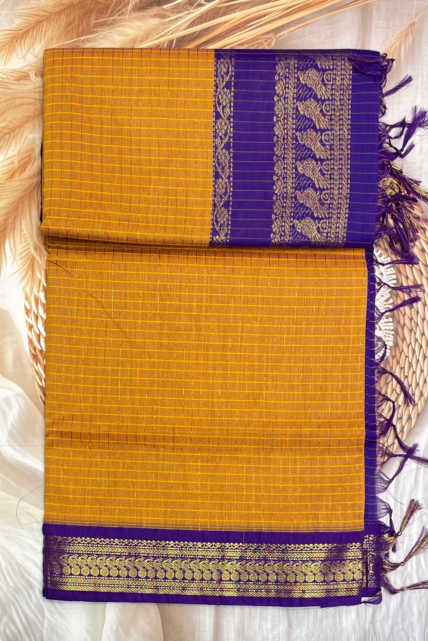Kalyani Cotton Checks | Mustard Yellow with Violet    | KCCH28