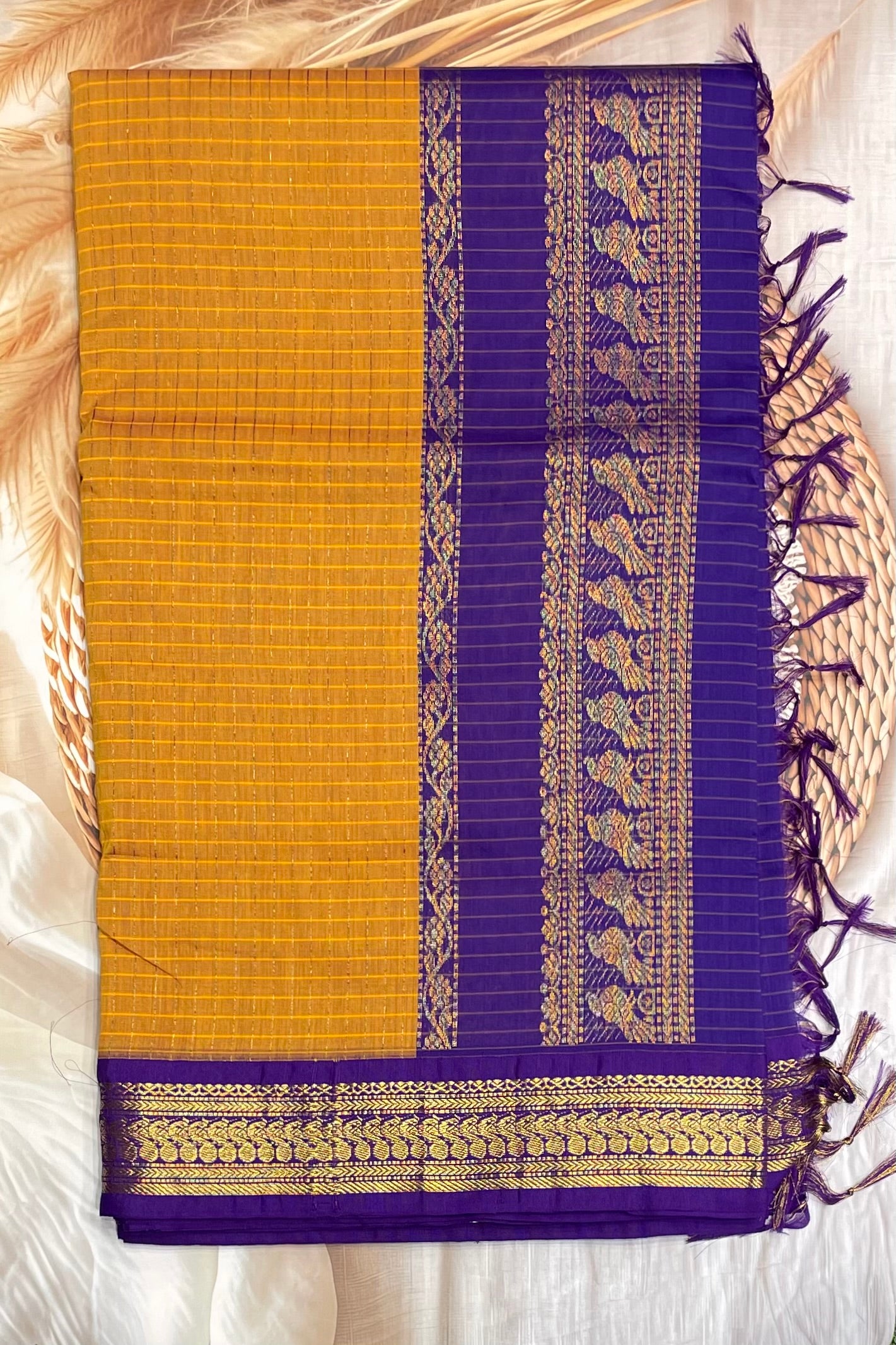 Kalyani Cotton Checks | Mustard Yellow with Violet    | KCCH28