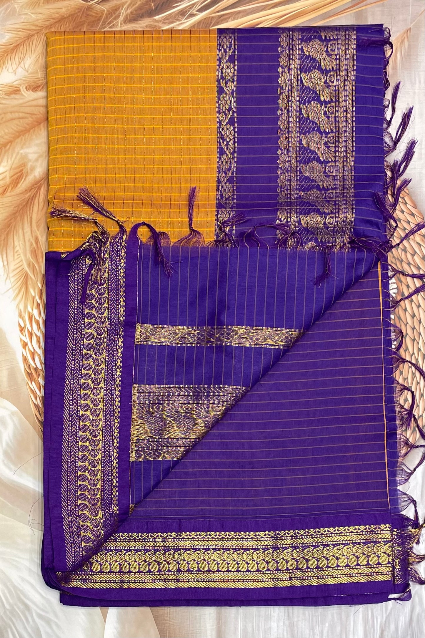Kalyani Cotton Checks | Mustard Yellow with Violet    | KCCH28