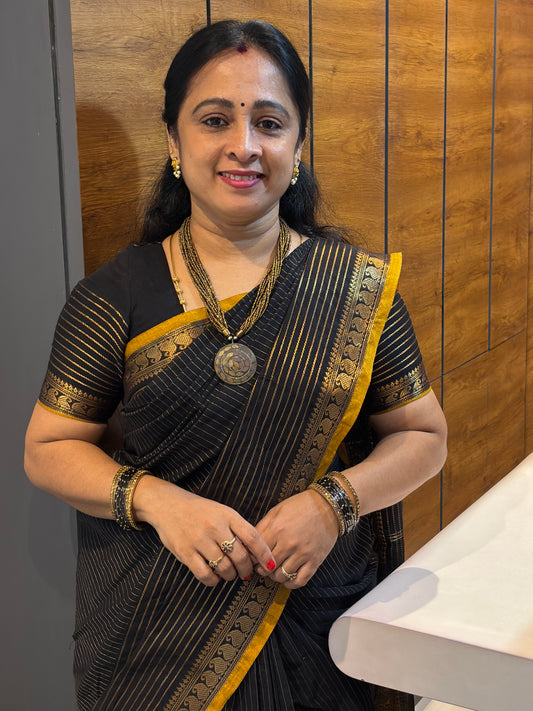 Meenakshi- Premium Kanchi Cotton Saree – Vaira Oosi | Black Mustard – MCK31