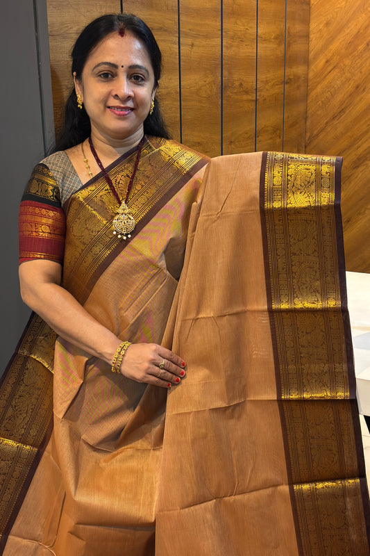 Meenakshi -Premium Kanchi Cotton Saree - Gold | MCK121