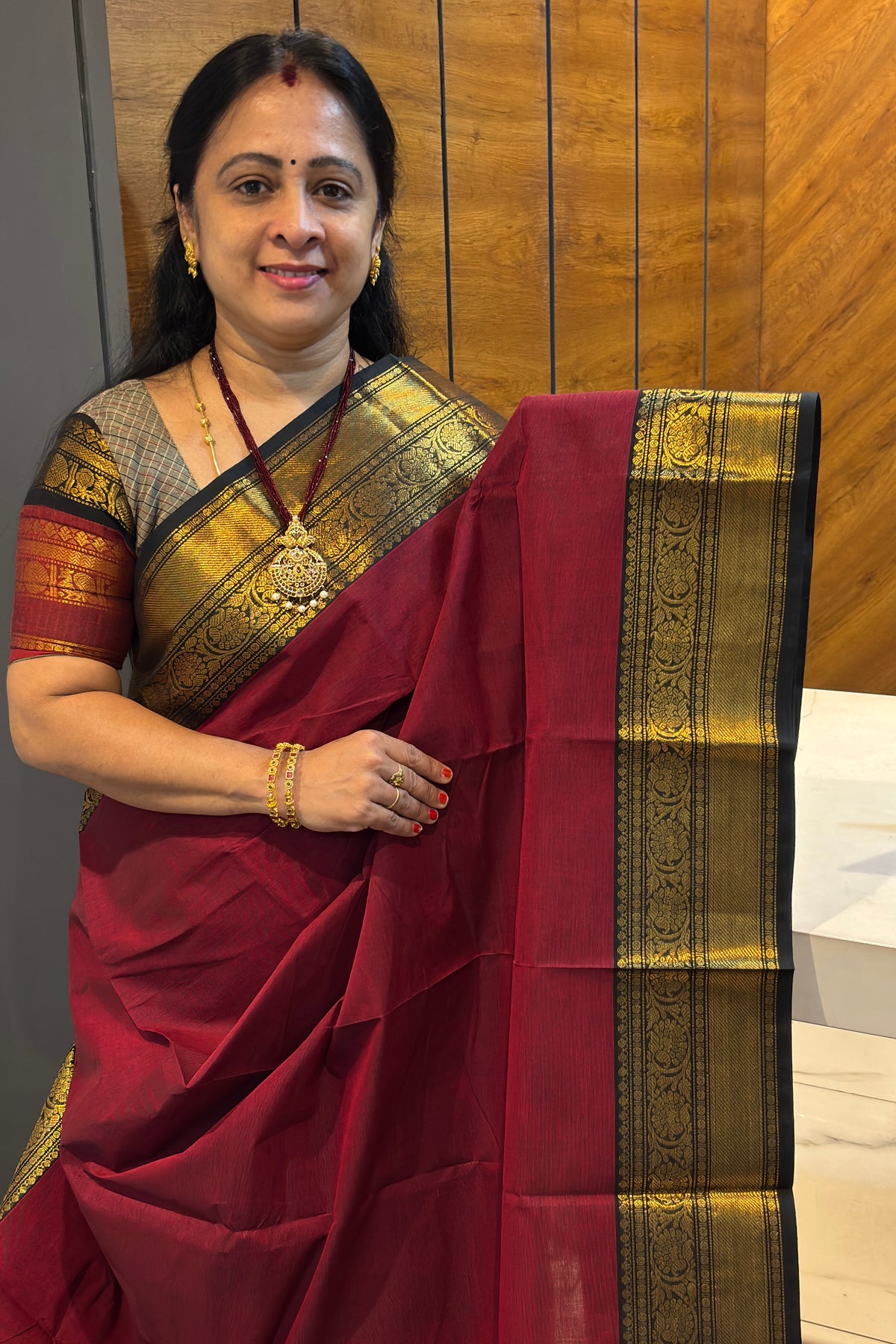 Kanchi Cotton Plain Saree | Maroon with Black | MBLE27