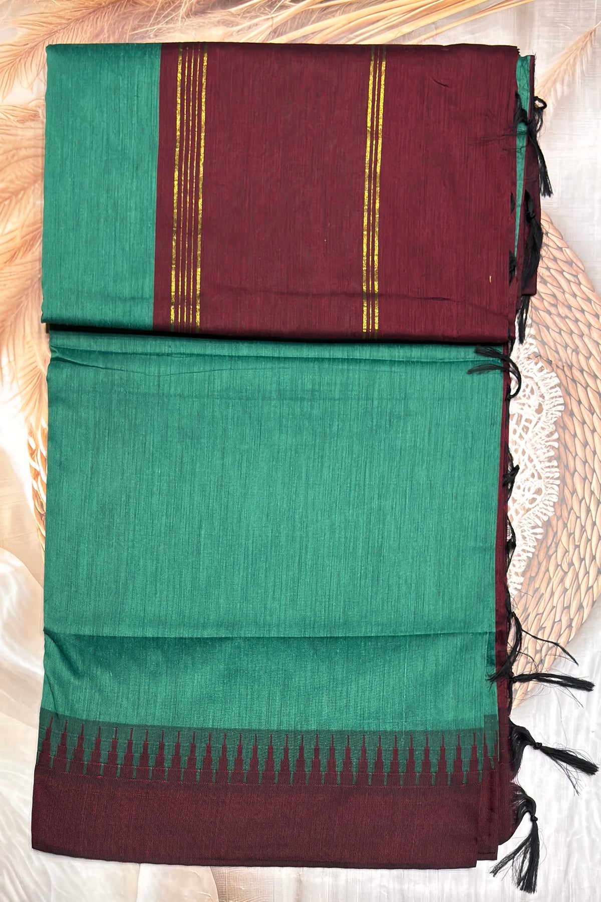 New Gen Kalyani Cotton Tower Border| Rama Green with Purple | KCSM08