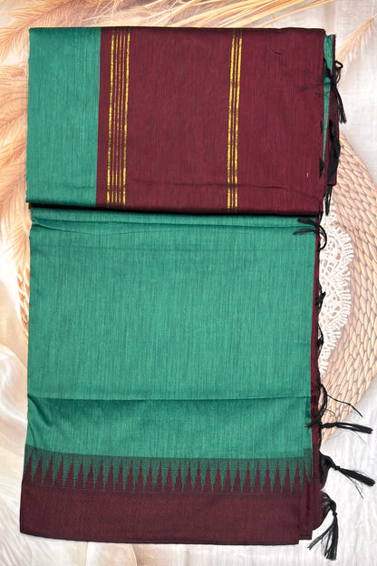 New Gen Kalyani Cotton Tower Border| Rama Green with Purple | KCSM08