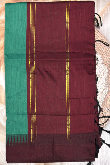 New Gen Kalyani Cotton Tower Border| Rama Green with Purple | KCSM08
