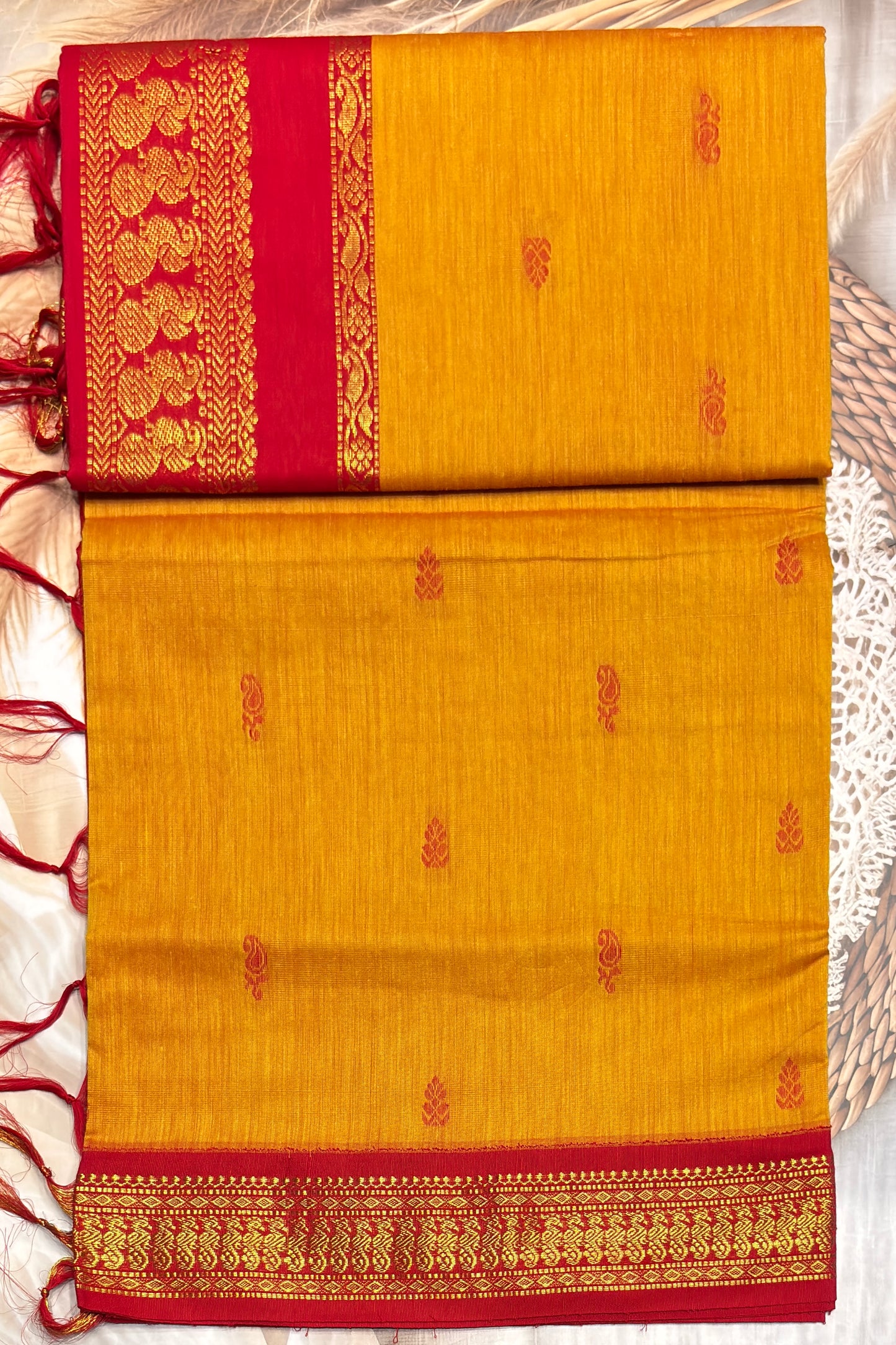 Kalyani Cotton Butta | Mustard Yellow with Red| KCBU32