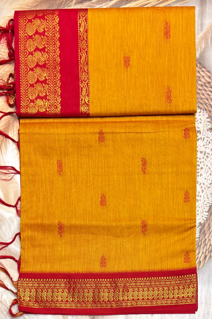 Kalyani Cotton Butta | Mustard Yellow with Red| KCBU32