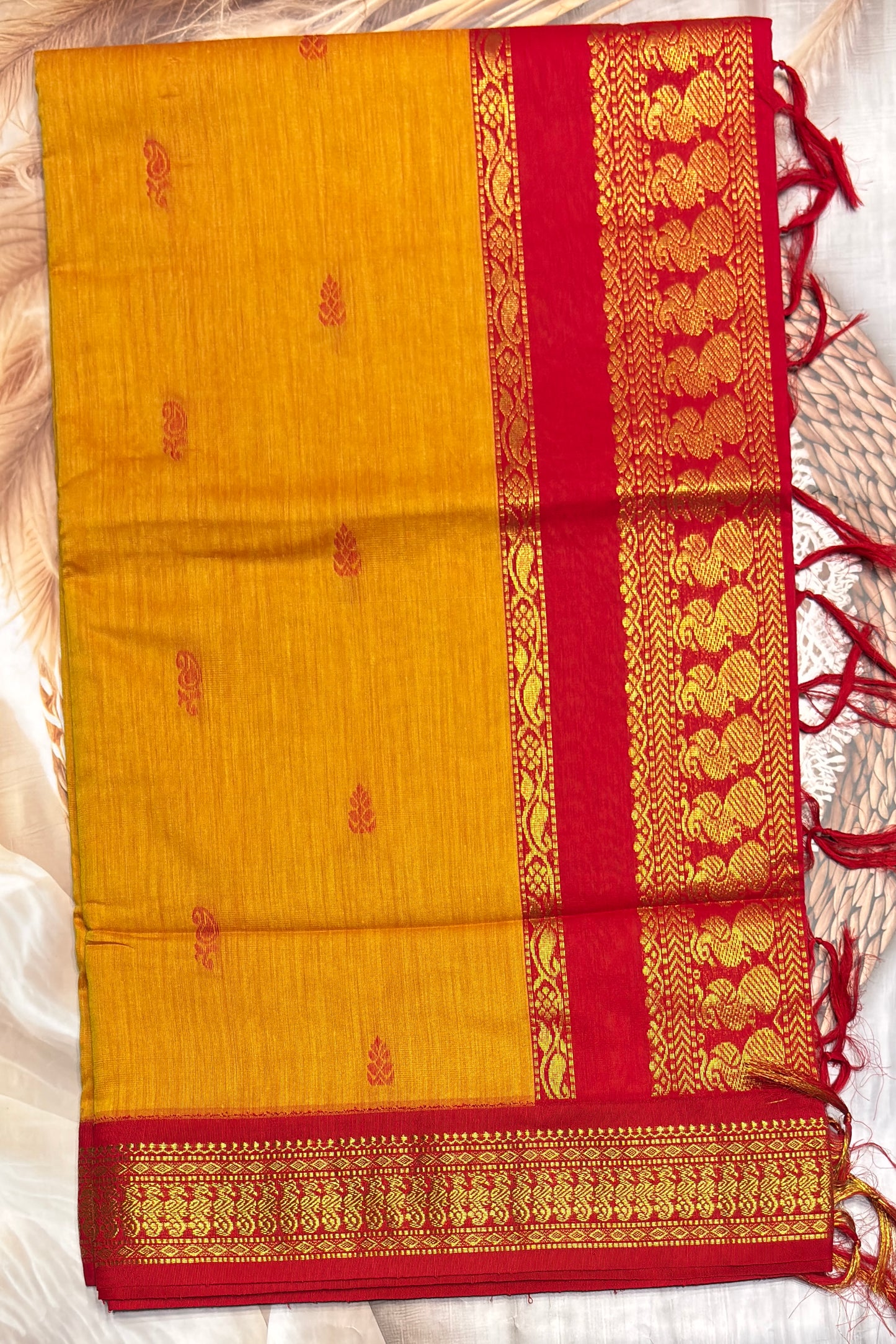 Kalyani Cotton Butta | Mustard Yellow with Red| KCBU32