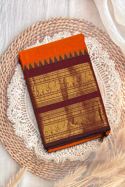 Meenakshi -Kanchi Cotton | Orange with Maroon | MCK36