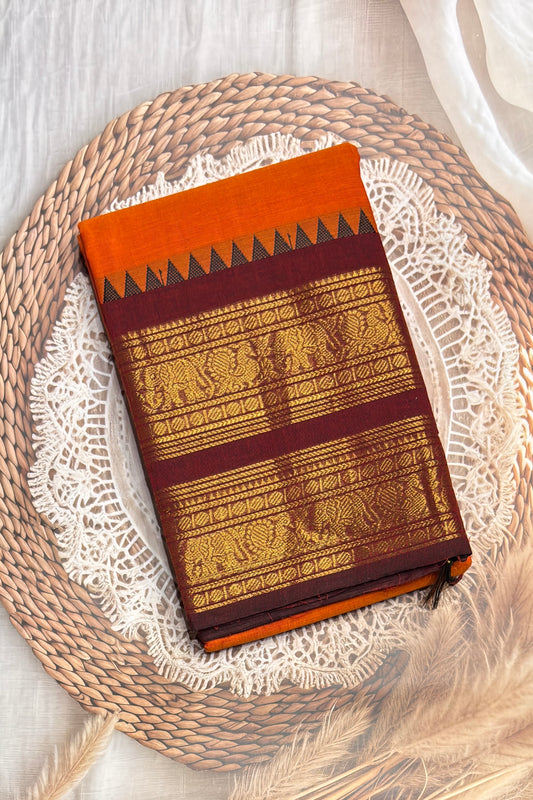 Meenakshi -Kanchi Cotton | Orange with Maroon | MCK36