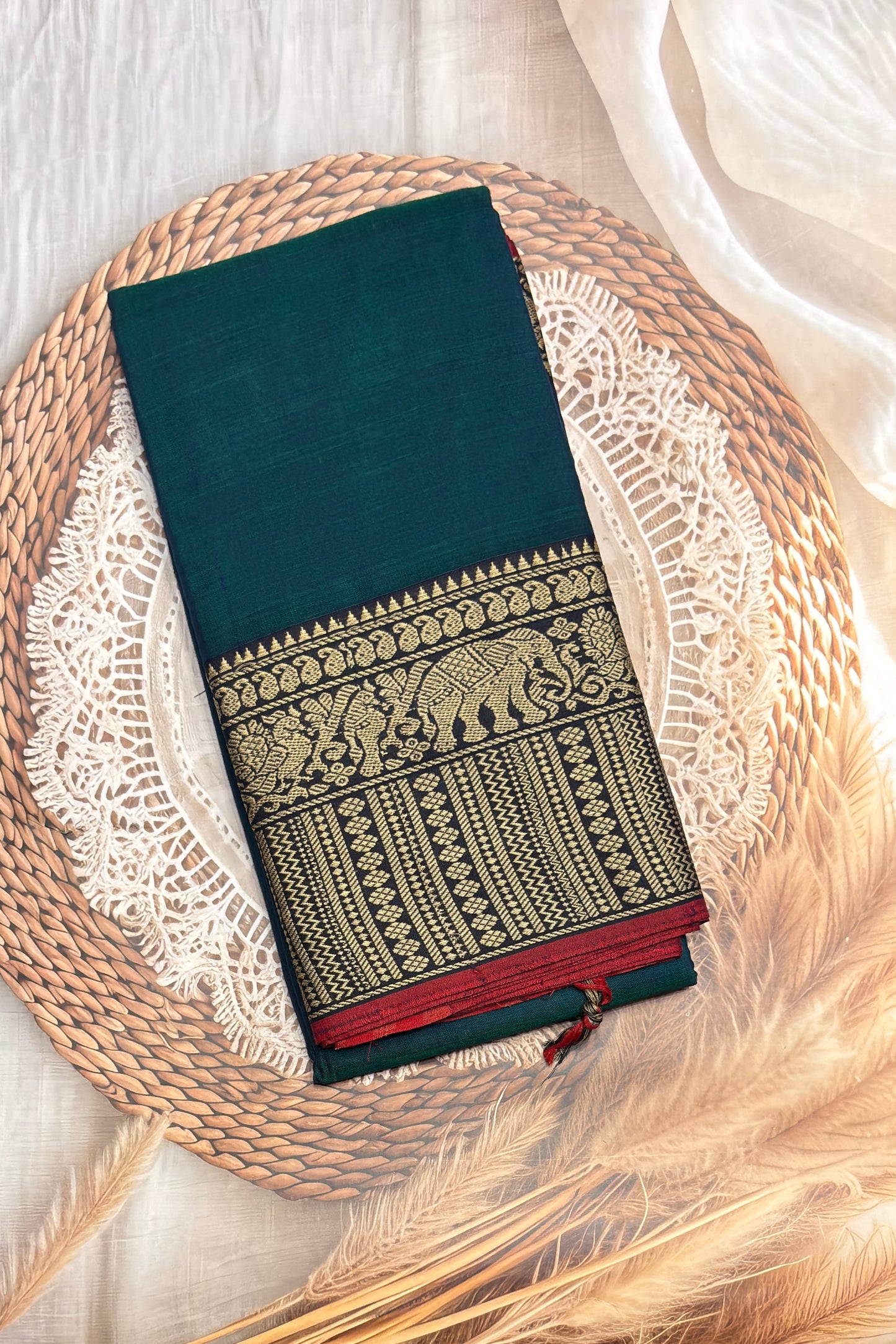 Narayanpet Cotton Saree – Elephant Thread Weave Border with Striped Pallu-MNC01 - Peacock Blue (Dual Tone)