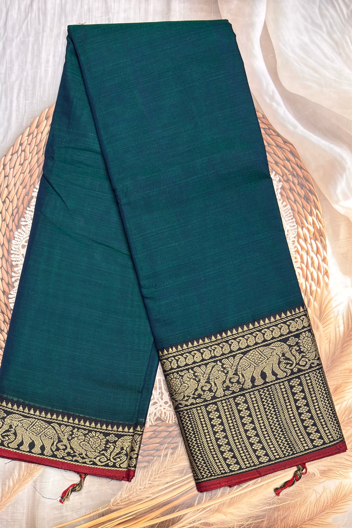 Narayanpet Cotton Saree – Elephant Thread Weave Border with Striped Pallu-MNC01 - Peacock Blue (Dual Tone)