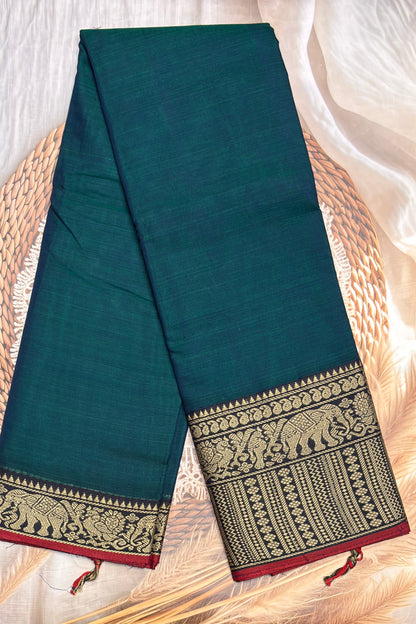 Narayanpet Cotton Saree – Elephant Thread Weave Border with Striped Pallu-MNC01 - Peacock Blue (Dual Tone)