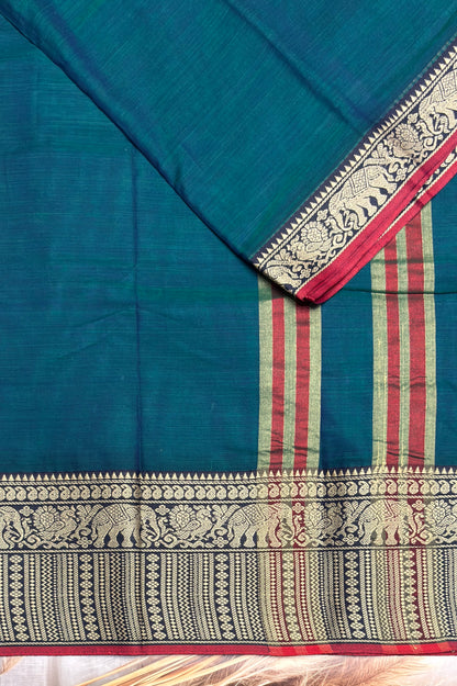 Narayanpet Cotton Saree – Elephant Thread Weave Border with Striped Pallu-MNC01 - Peacock Blue (Dual Tone)