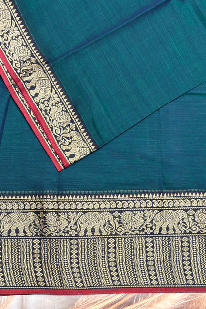 Narayanpet Cotton Saree – Elephant Thread Weave Border with Striped Pallu-MNC01 - Peacock Blue (Dual Tone)